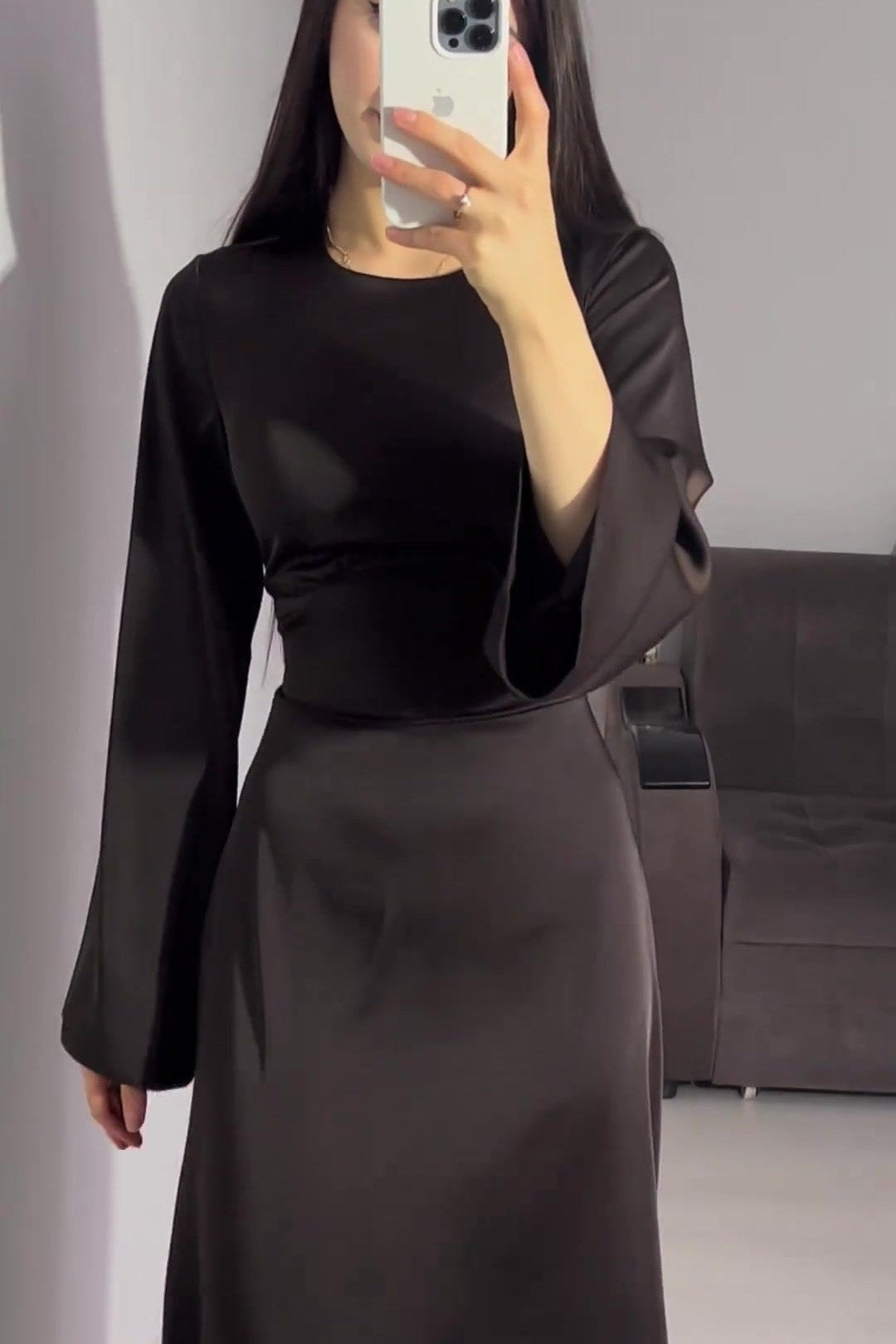 Solid Color Cinched Tie-Waist Slimming Long Sleeve Maxi Dress-Brown