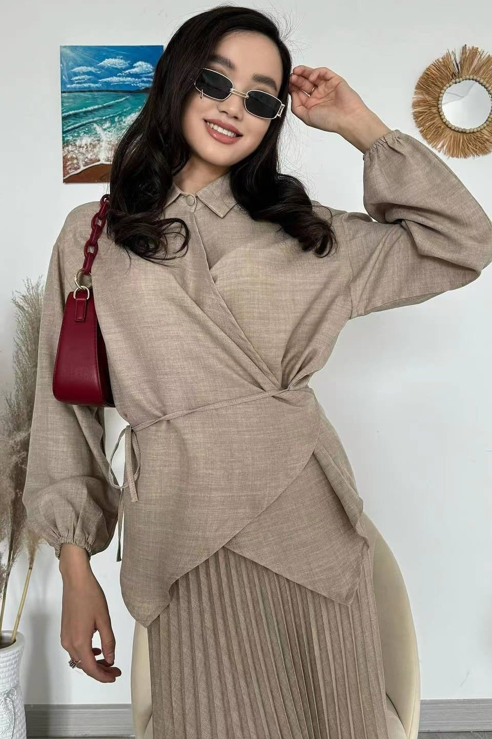 Chic Sculptural Pleats Spring Set-Brown