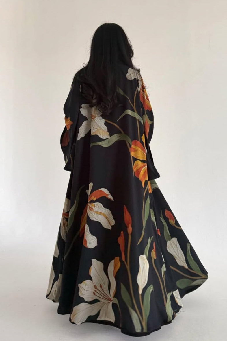 Bold Floral Print Open Abaya & Matching Hijab Set