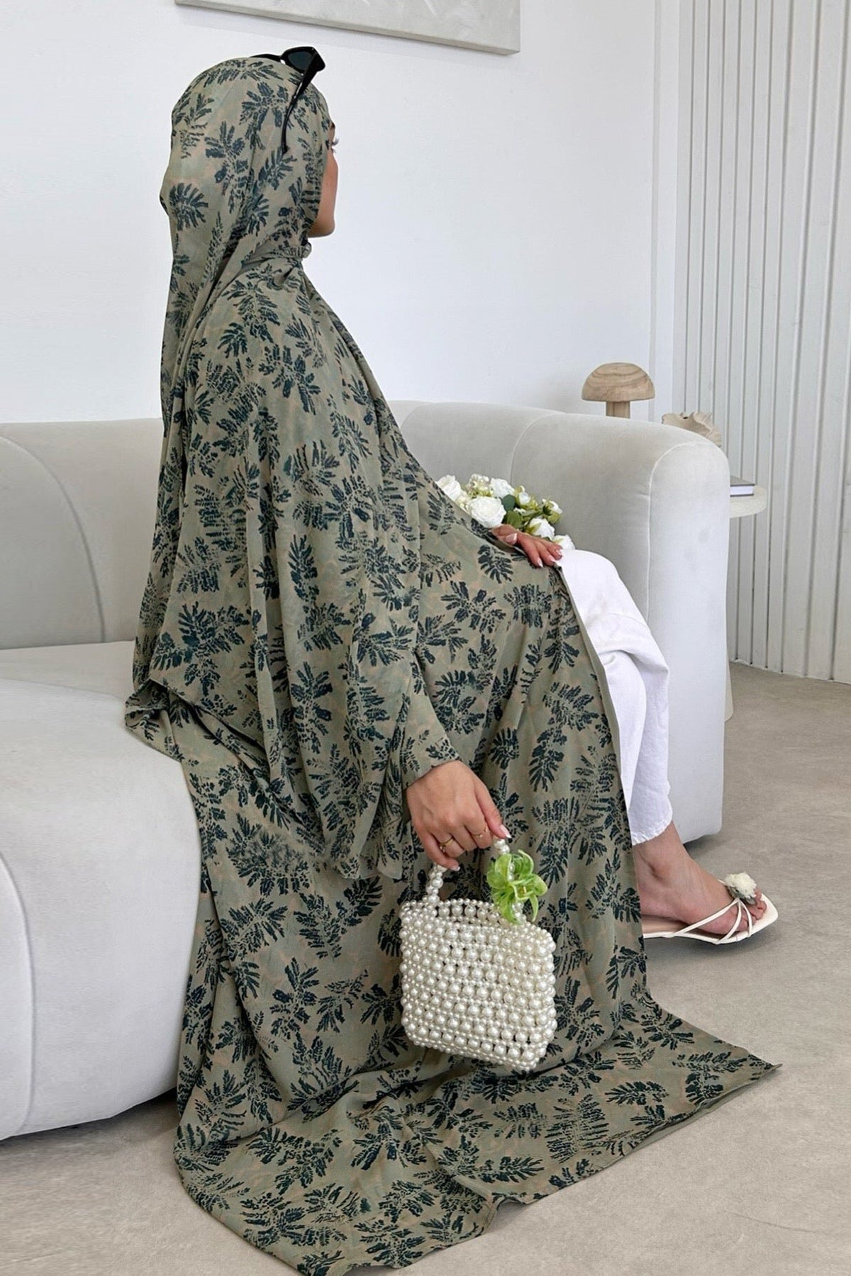 Floral Print Open Abaya & Matching Hijab Two-Piece Set-Green