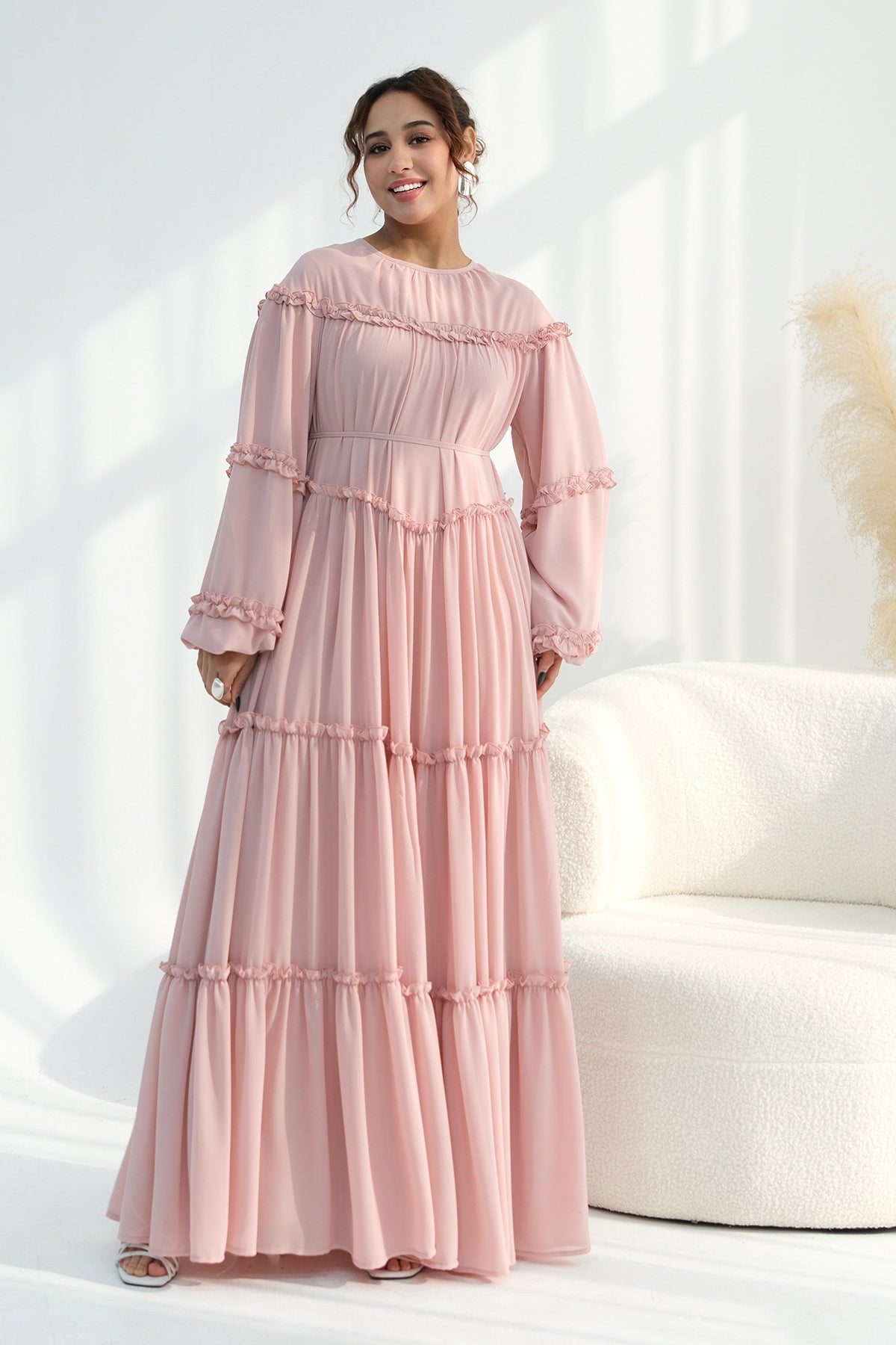 Tiered Ruffle Chiffon Maxi Dress-Pink