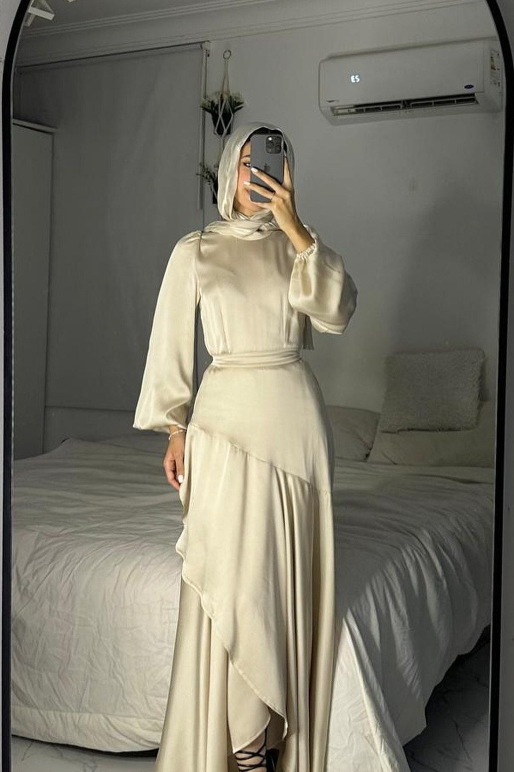 Lustrous Satin Asymmetric Tiered Gown-White