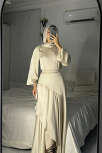 Lustrous Satin Asymmetric Tiered Gown-White