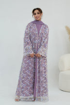 Hand-Beaded Floral Open Abaya Three-Piece Set with Matching Inner Dress & Hijab-Purple