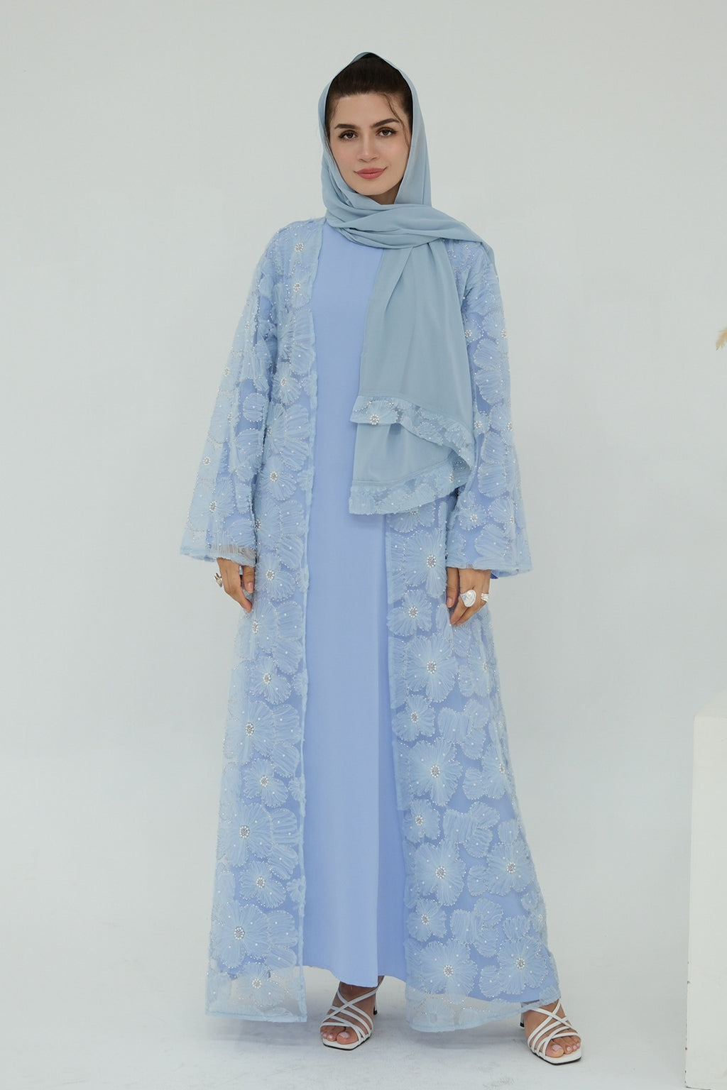 Hand-Beaded Floral Mesh Abaya Two-Piece Set-Blue