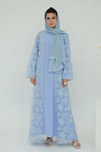 Hand-Beaded Floral Mesh Abaya Two-Piece Set-Blue