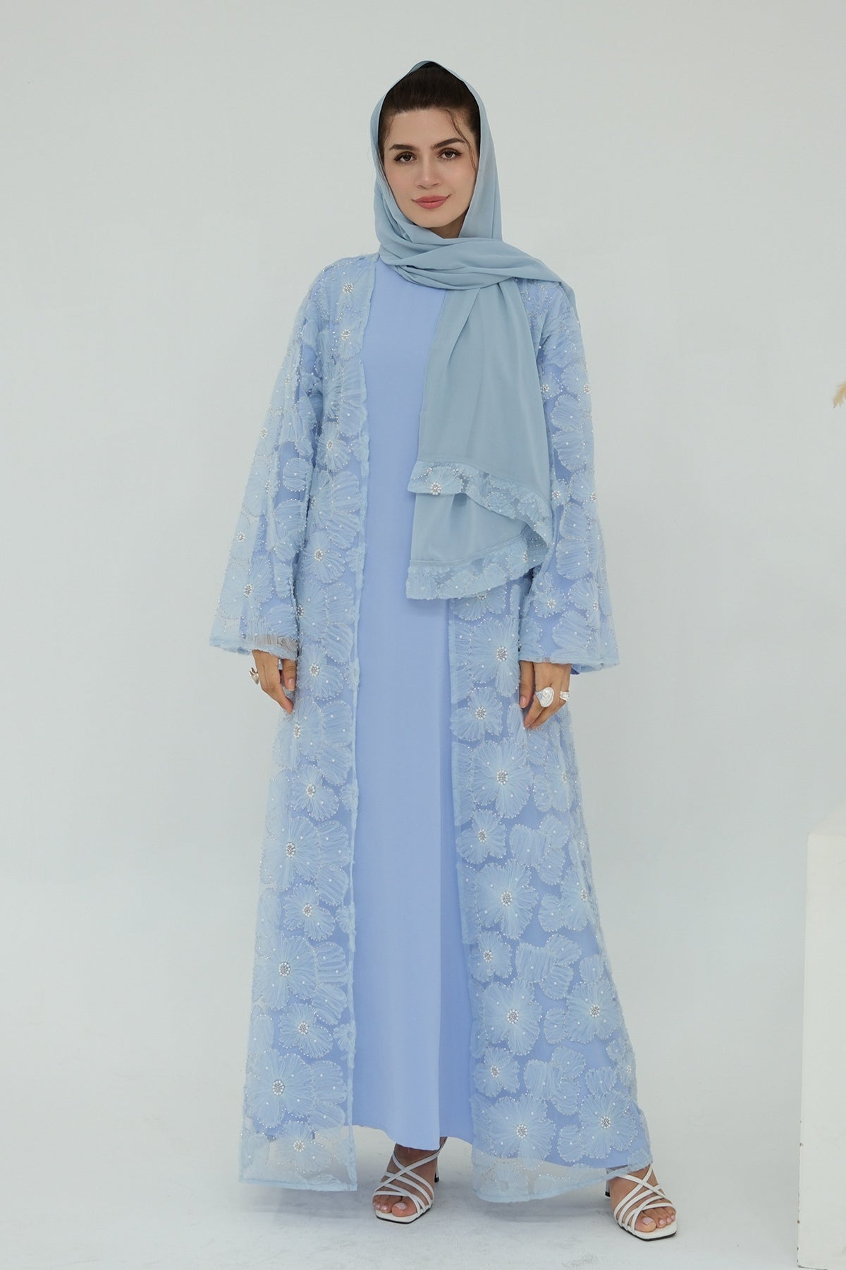 Hand-Beaded Floral Mesh Abaya Two-Piece Set-Blue