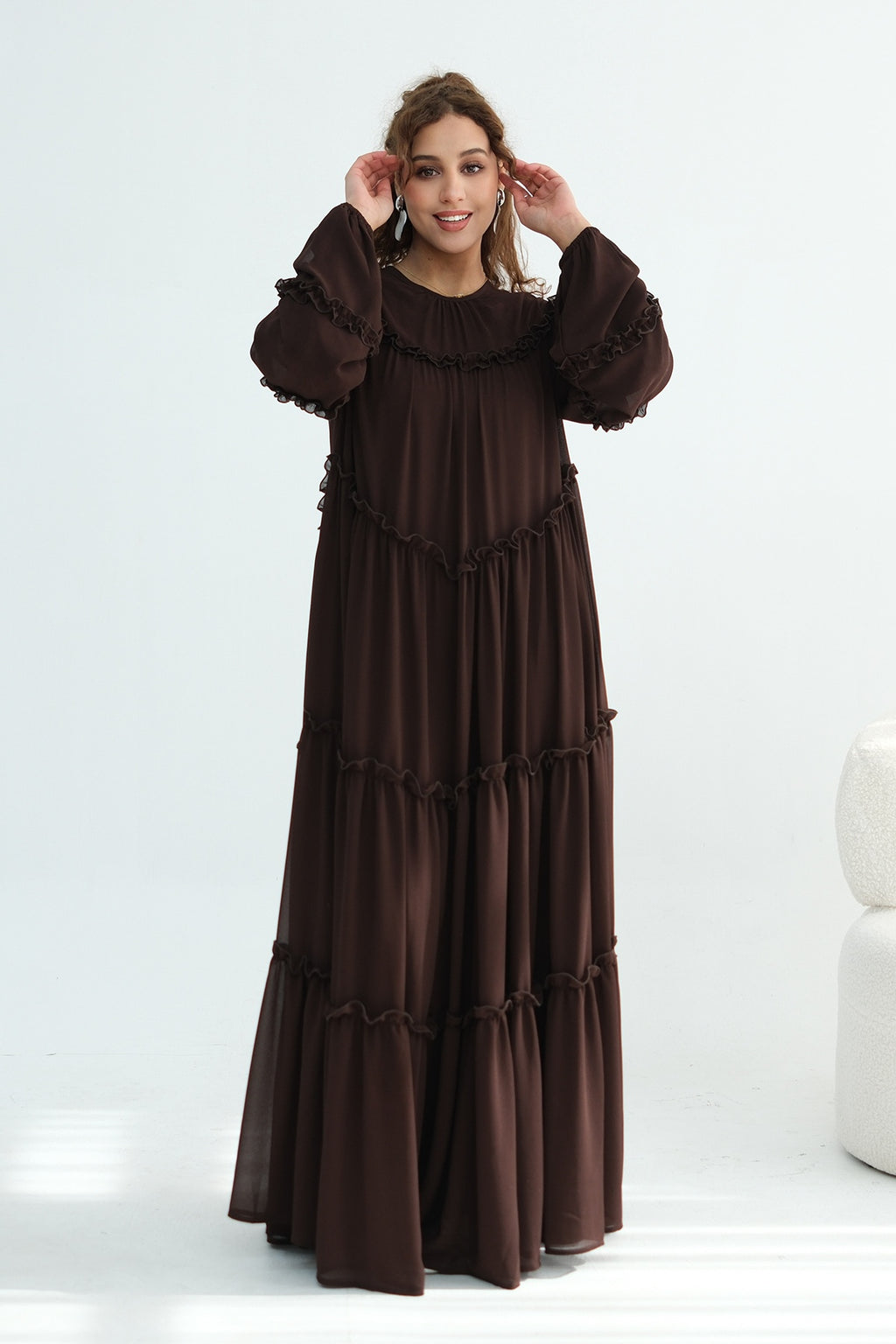 Tiered Ruffle Chiffon Maxi Dress-Coffee