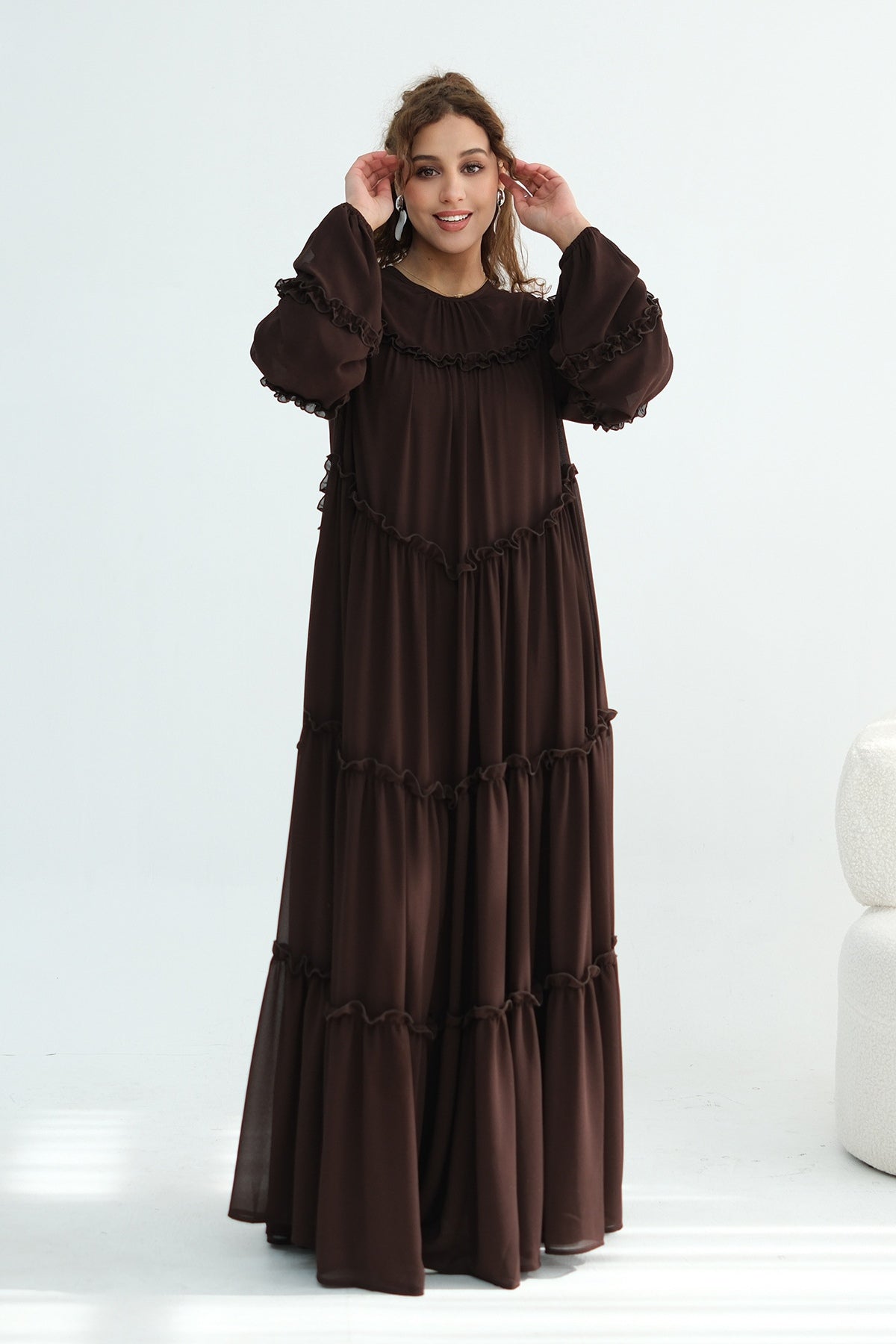 Tiered Ruffle Chiffon Maxi Dress-Coffee