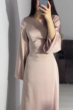 Solid Color Cinched Tie-Waist Slimming Long Sleeve Maxi Dress-Pink