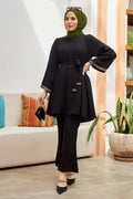 Glistening Rhinestone Modest Top & Flared Pant Set-Black