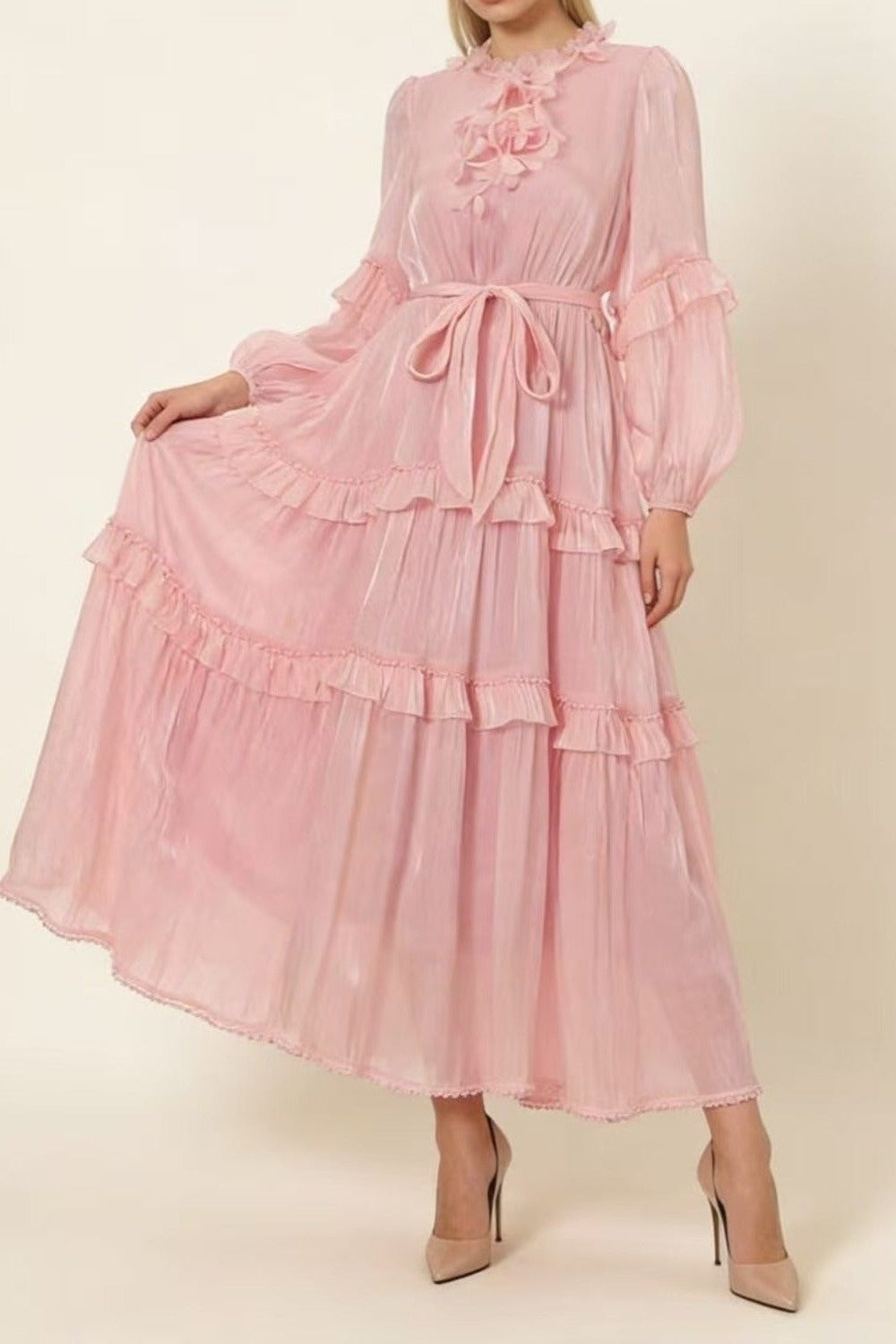Pearl-Embellished Layered Ruffle Maxi Dress with Mandarin Lace Collar