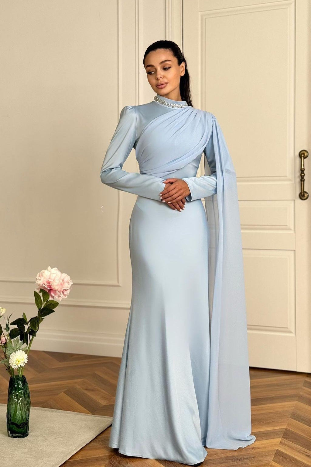 Slim-Fit Long Sleeve Luxury Evening Maxi Dress-Blue
