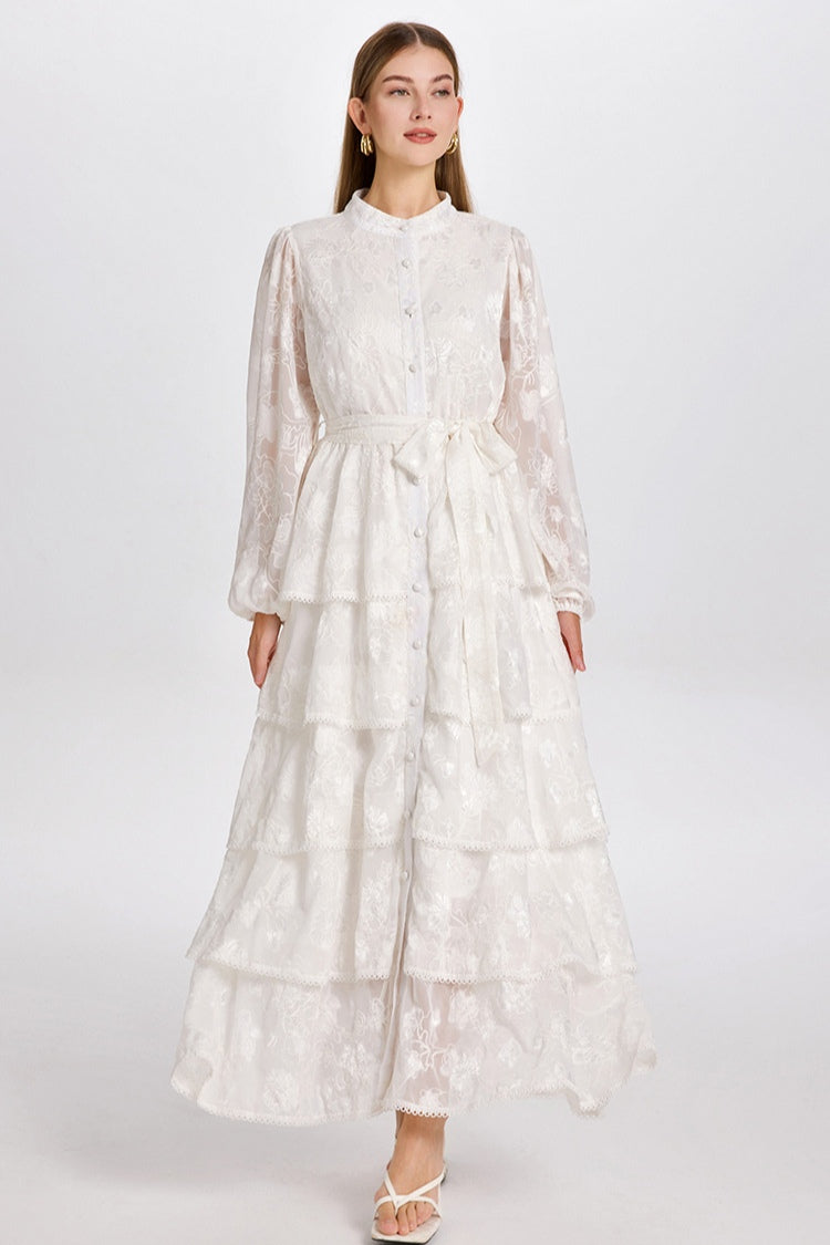 Freya Embroidered Tiered Button Front Dress-White