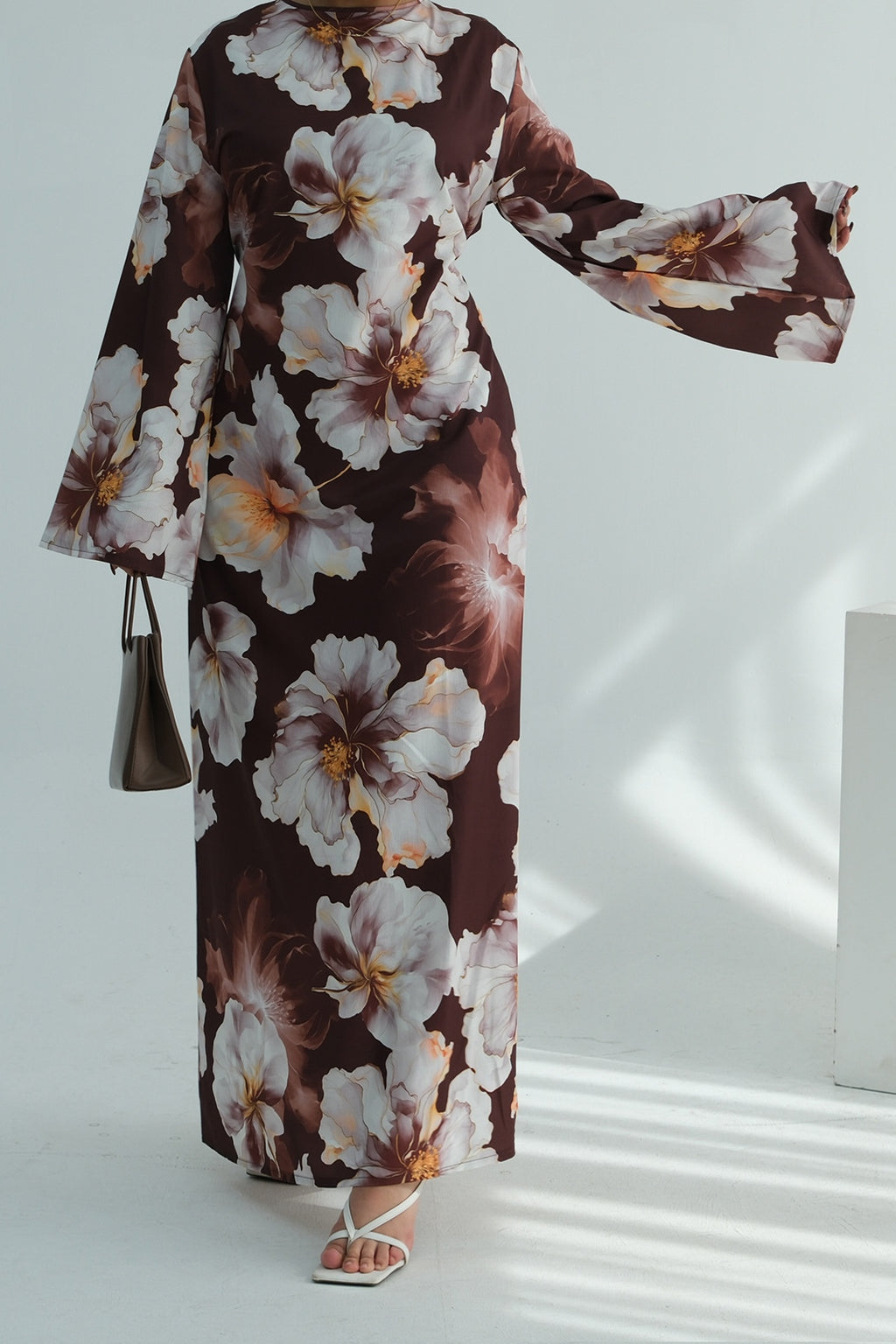 Large Floral Print Bell Sleeve Maxi Dress-Coffee