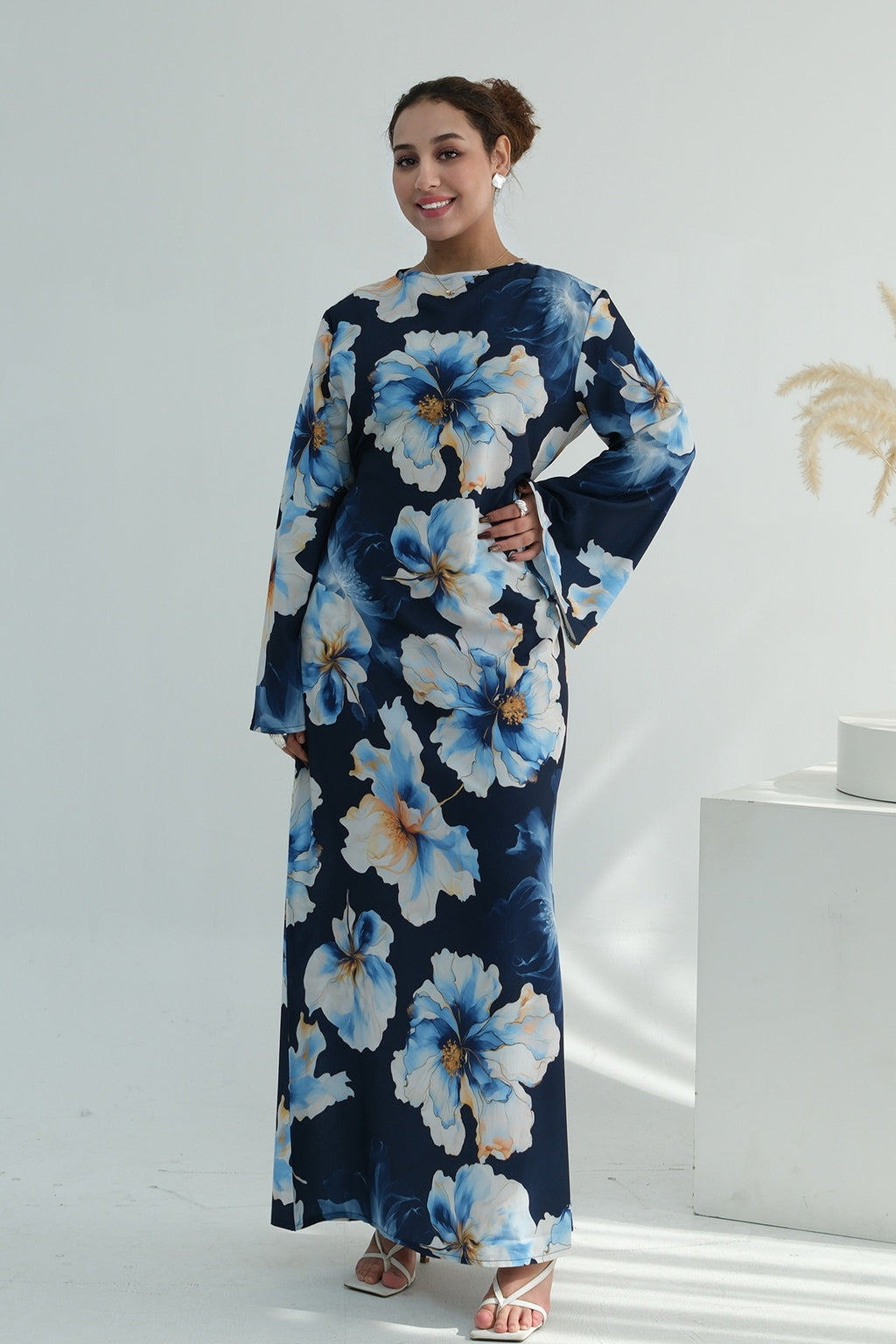 Large Floral Print Bell Sleeve Maxi Dress-DarkBlue