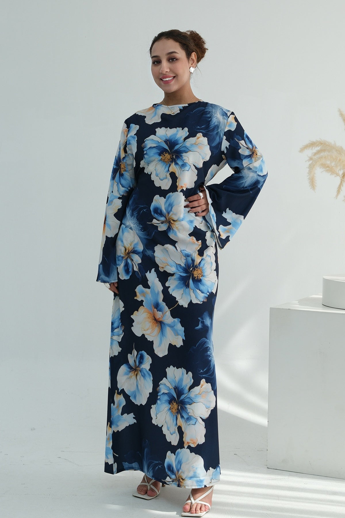 Large Floral Print Bell Sleeve Maxi Dress-DarkBlue