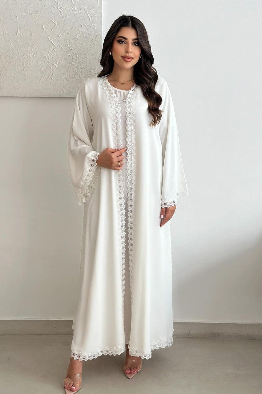 Ethereal White Open Abaya with Delicate Lace Paneling