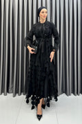 2-Piece Textured Circle Patchwork Abaya Set-Black
