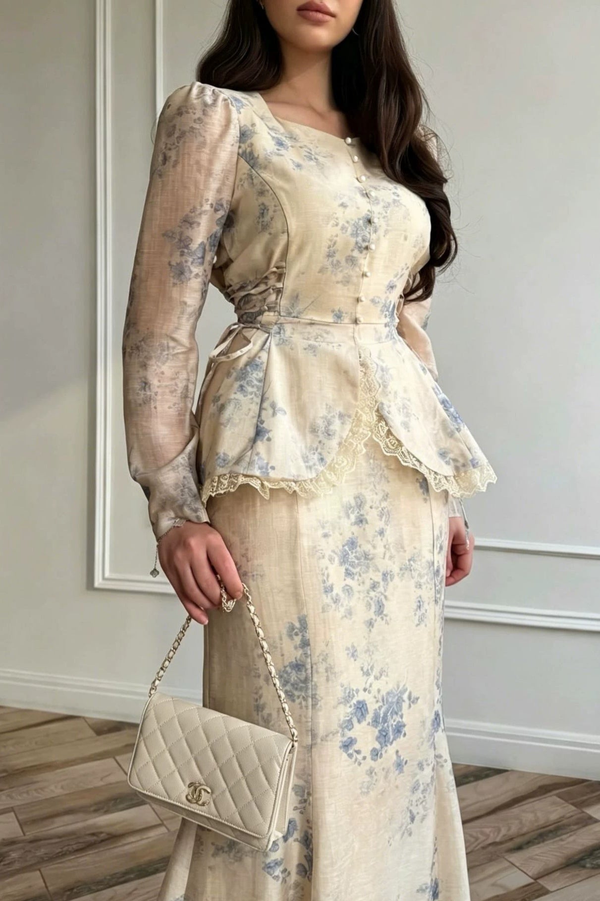 Floral Texture Peplum Pearl Button Dress