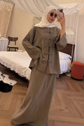 Mandarin Collar Knot-Button Modest Two-Piece Co-Ord Set-Khaki