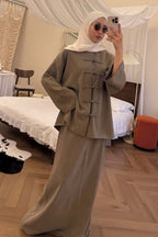 Mandarin Collar Knot-Button Modest Two-Piece Co-Ord Set-Khaki