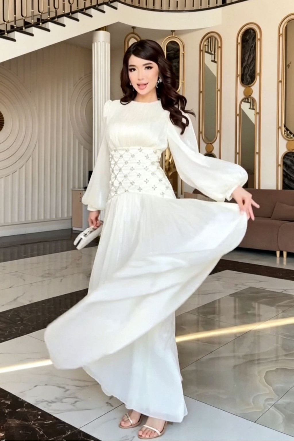Liora Rhinestone Waist Pleated Maxi Dress-White