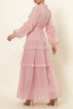 Pearl-Embellished Layered Ruffle Maxi Dress with Mandarin Lace Collar