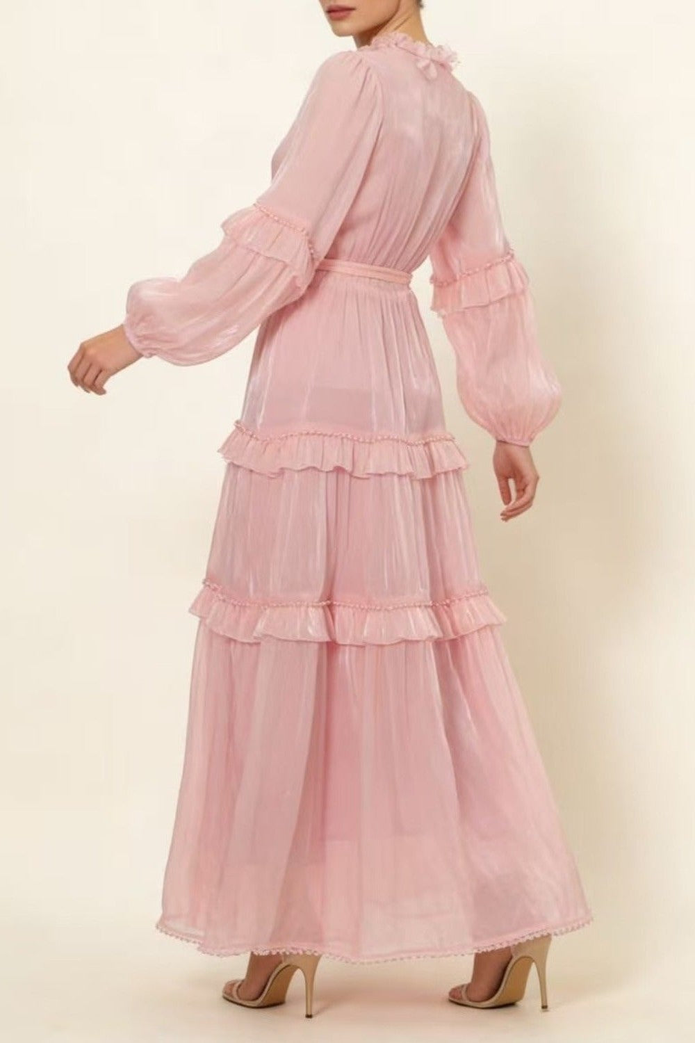 Pearl-Embellished Layered Ruffle Maxi Dress with Mandarin Lace Collar
