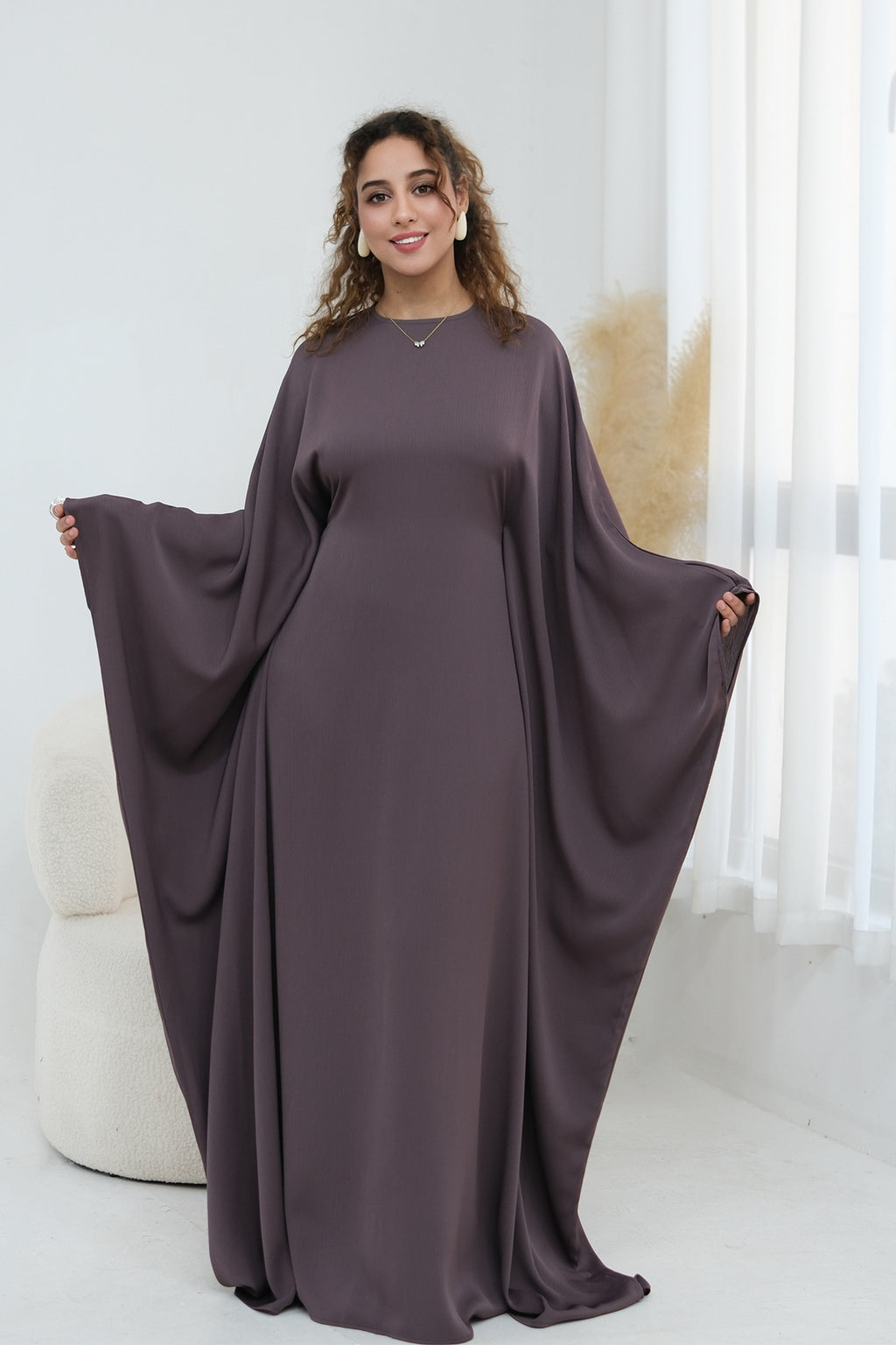 Sylvia Flowy Batwing Sleeve Abaya-TaupePurple