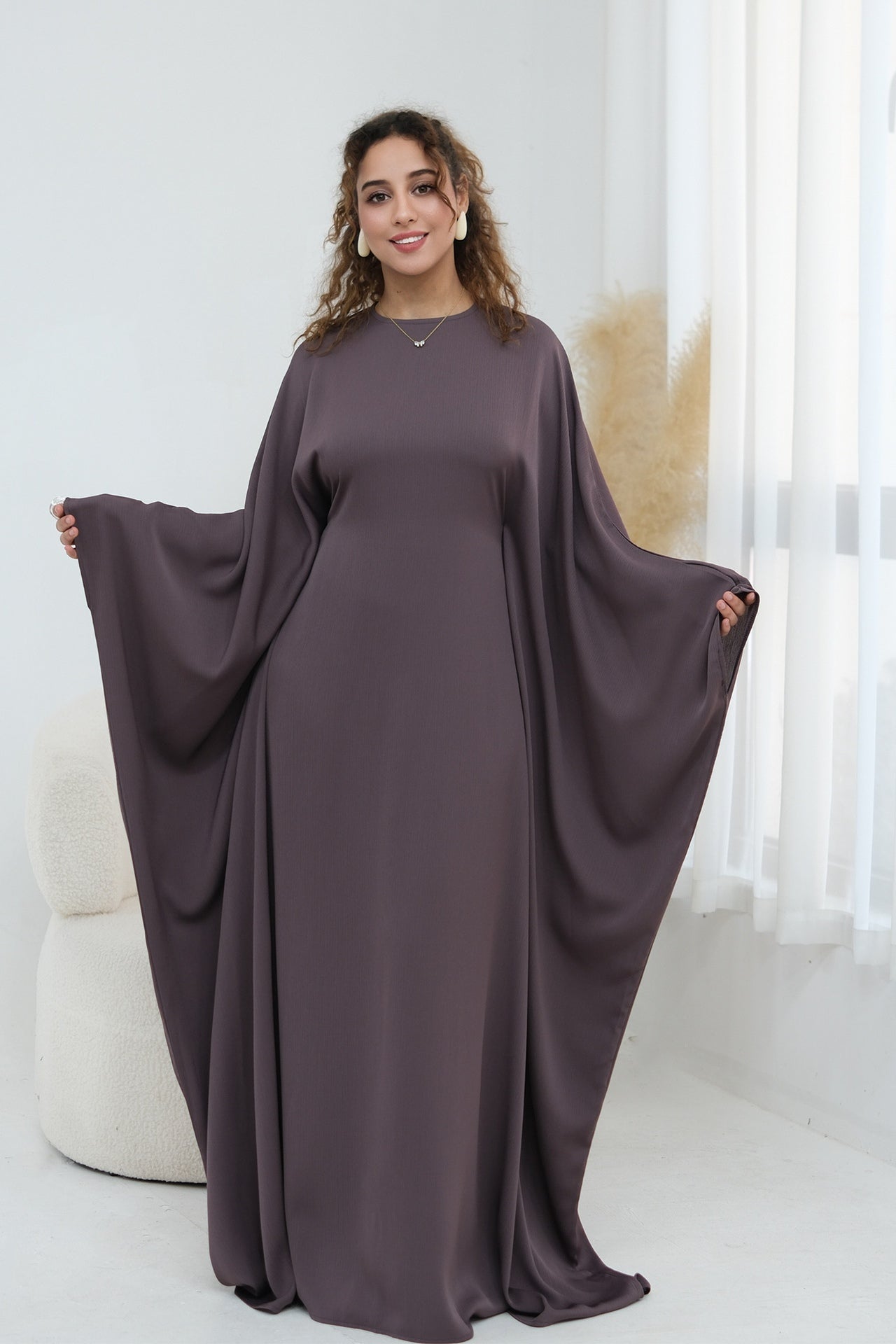 Sylvia Flowy Batwing Sleeve Abaya-TaupePurple