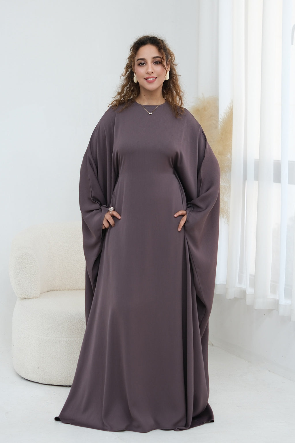 Sylvia Flowy Batwing Sleeve Abaya-TaupePurple