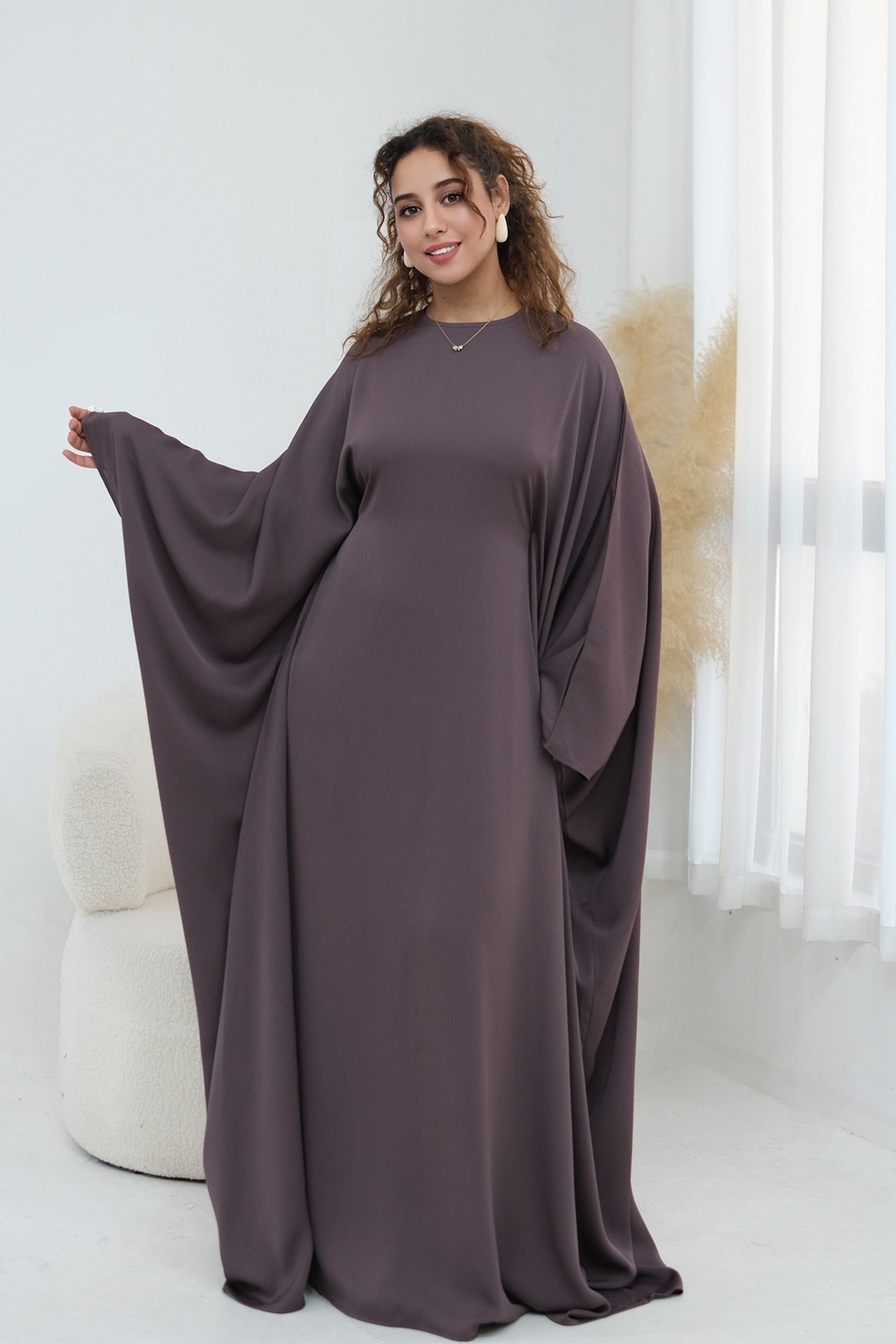 Sylvia Flowy Batwing Sleeve Abaya-TaupePurple