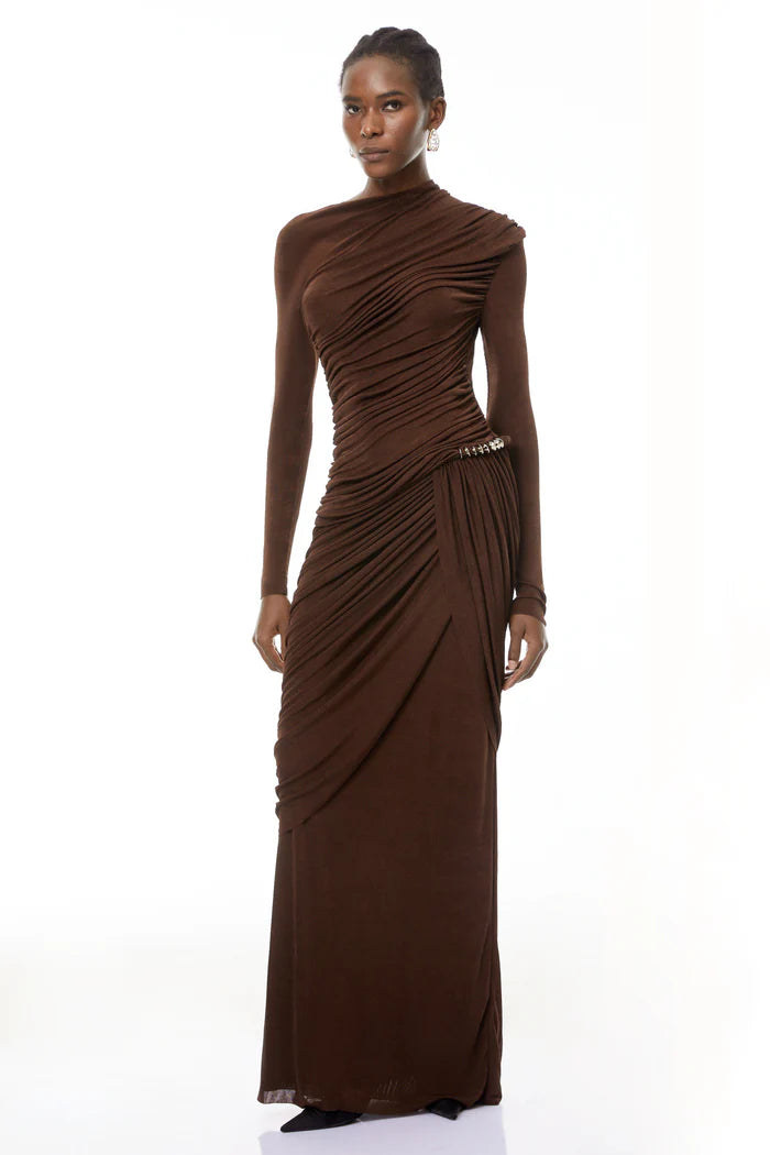 Form-Fitting Dress With Hipline Flap And Signature Metalic Detail-Wine