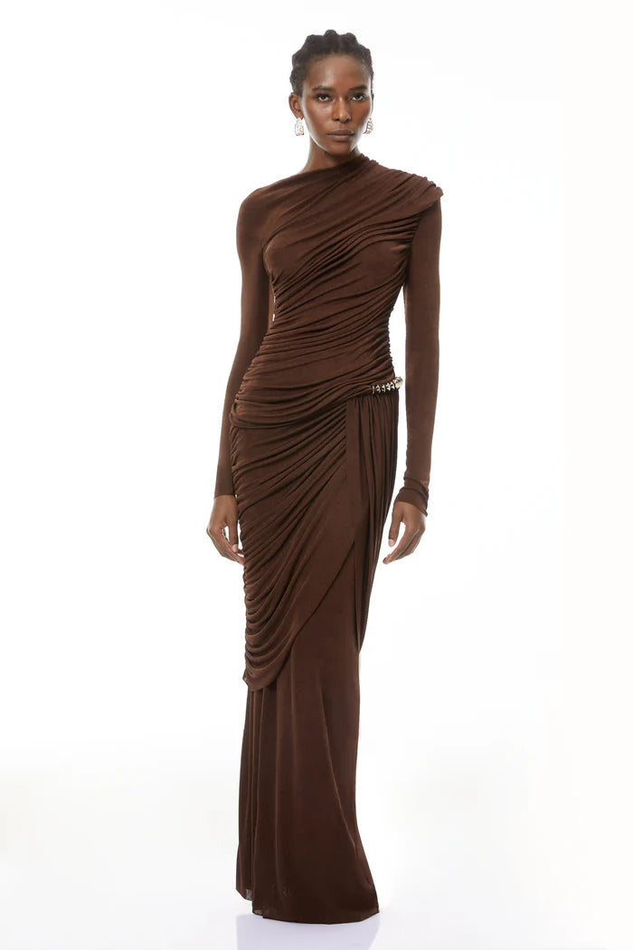 Form-Fitting Dress With Hipline Flap And Signature Metalic Detail-Wine