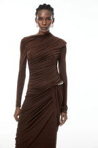 Form-Fitting Dress With Hipline Flap And Signature Metalic Detail-Wine