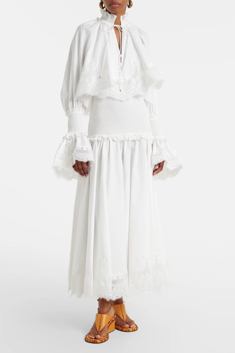 Kiara Embroidery Smocked Waist Maxi Dress