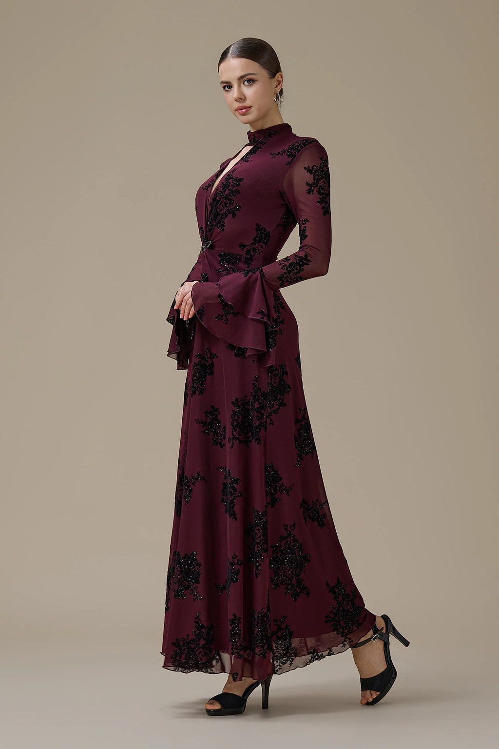 Kaia Twist Front Flare Sleeve Maxi-Wine