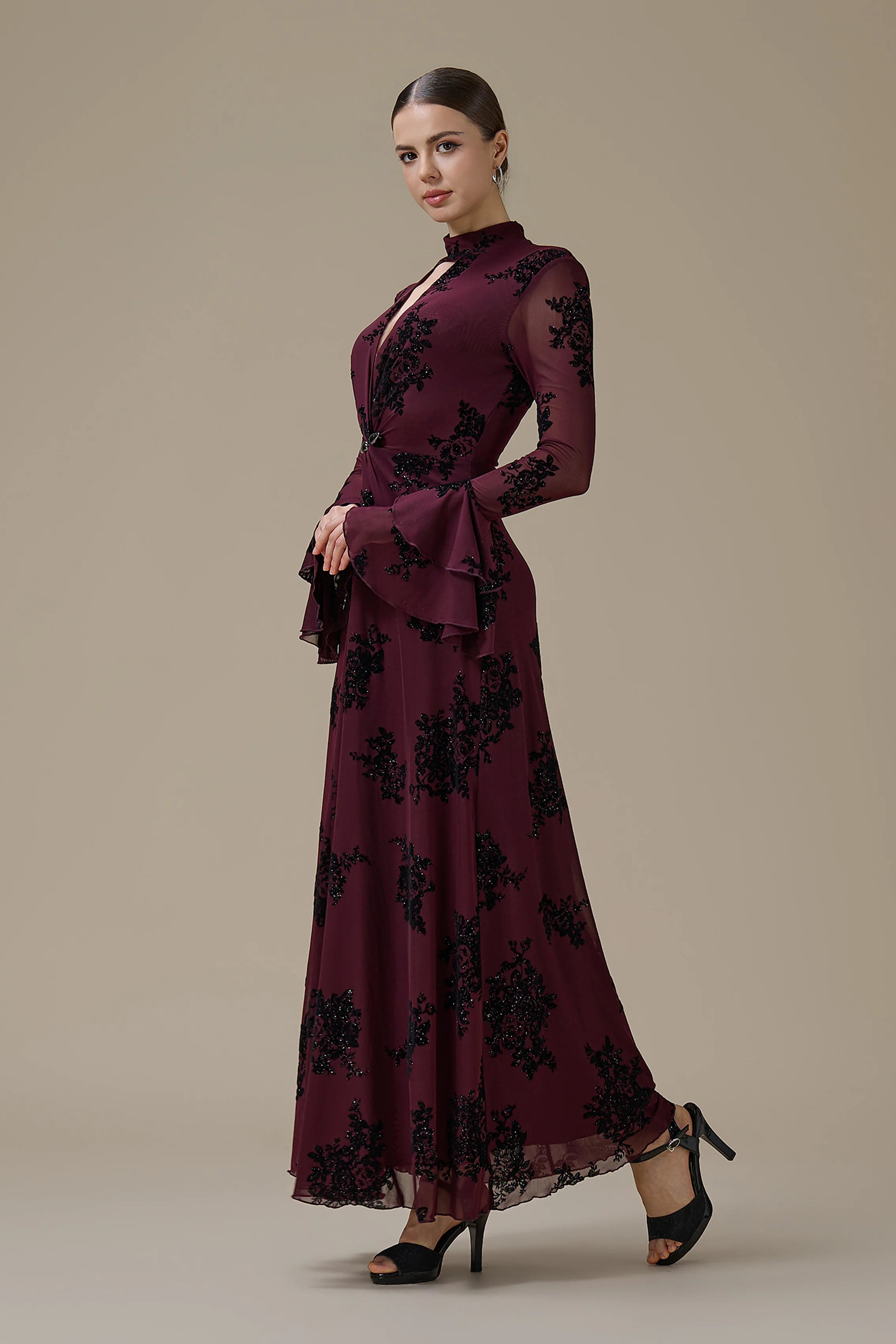 Kaia Twist Front Flare Sleeve Maxi-Wine