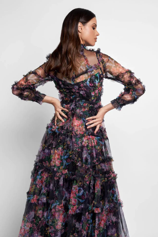 Candice Floral Ruffled Tulle Midi Dress-Black