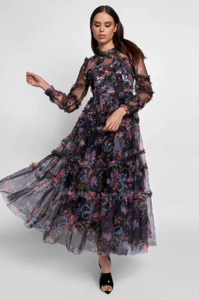 Candice Floral Ruffled Tulle Midi Dress-Black