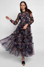 Candice Floral Ruffled Tulle Midi Dress-Black