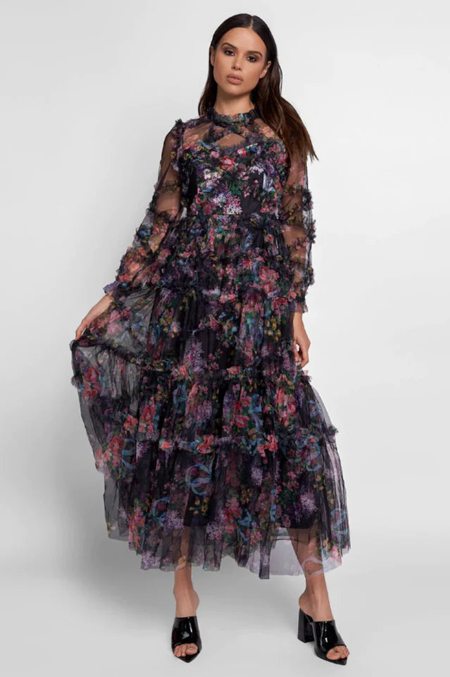 Candice Floral Ruffled Tulle Midi Dress-Black