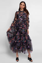 Candice Floral Ruffled Tulle Midi Dress-Black
