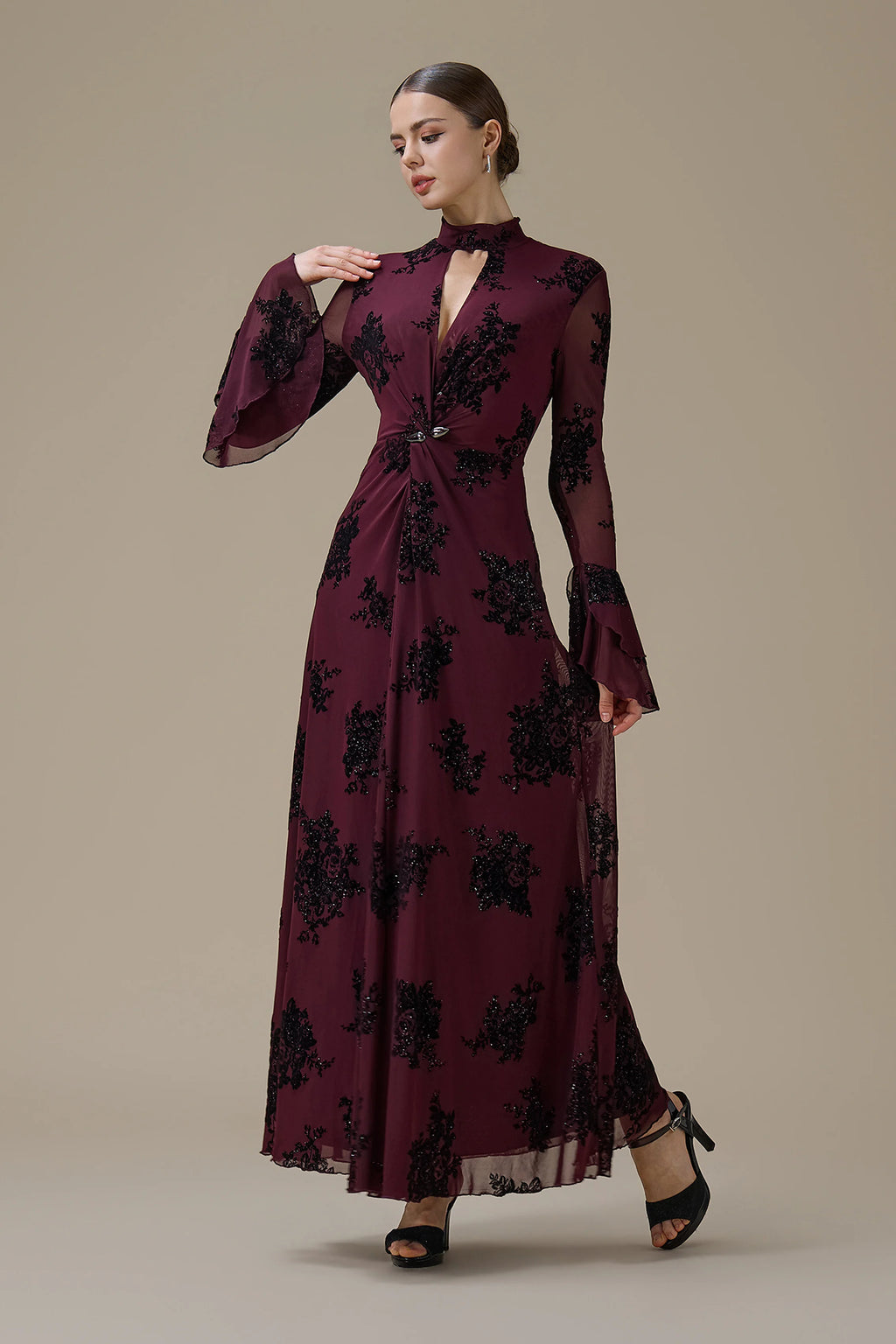 Kaia Twist Front Flare Sleeve Maxi-Wine