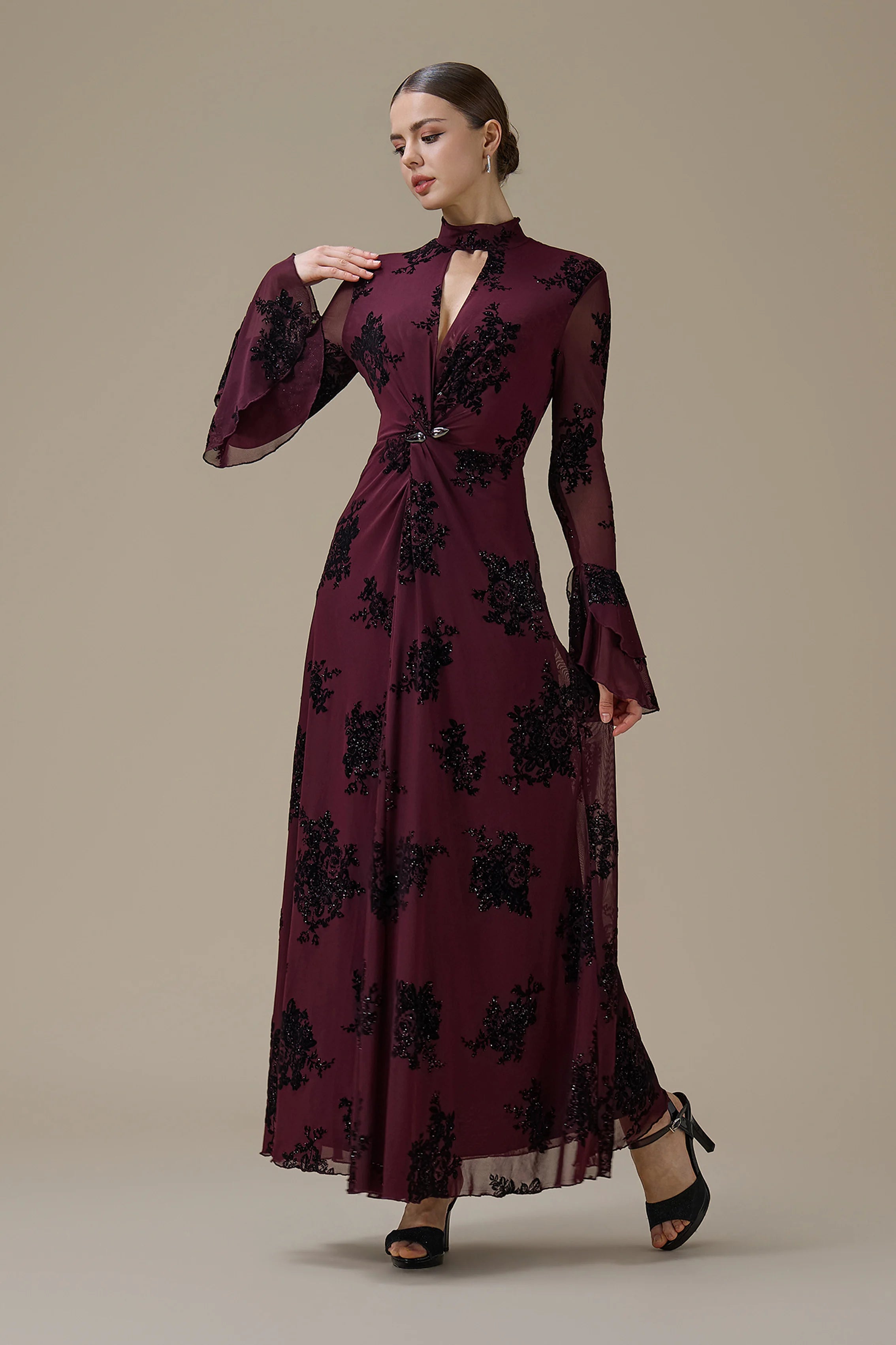 Kaia Twist Front Flare Sleeve Maxi-Wine