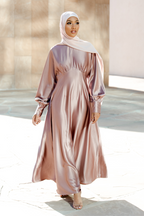 Luminous Satin Ruched-Bust Maxi Dress-Pink