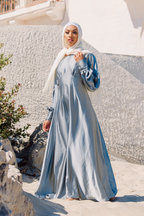 Luminous Satin Ruched-Bust Maxi Dress-Blue
