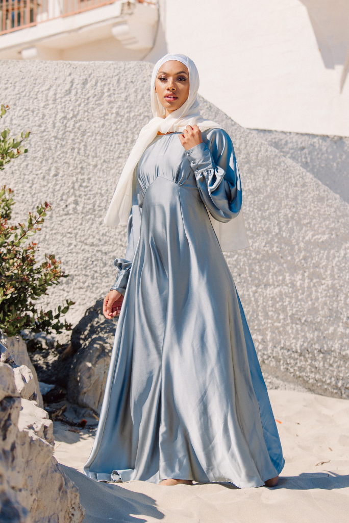Luminous Satin Ruched-Bust Maxi Dress-Blue
