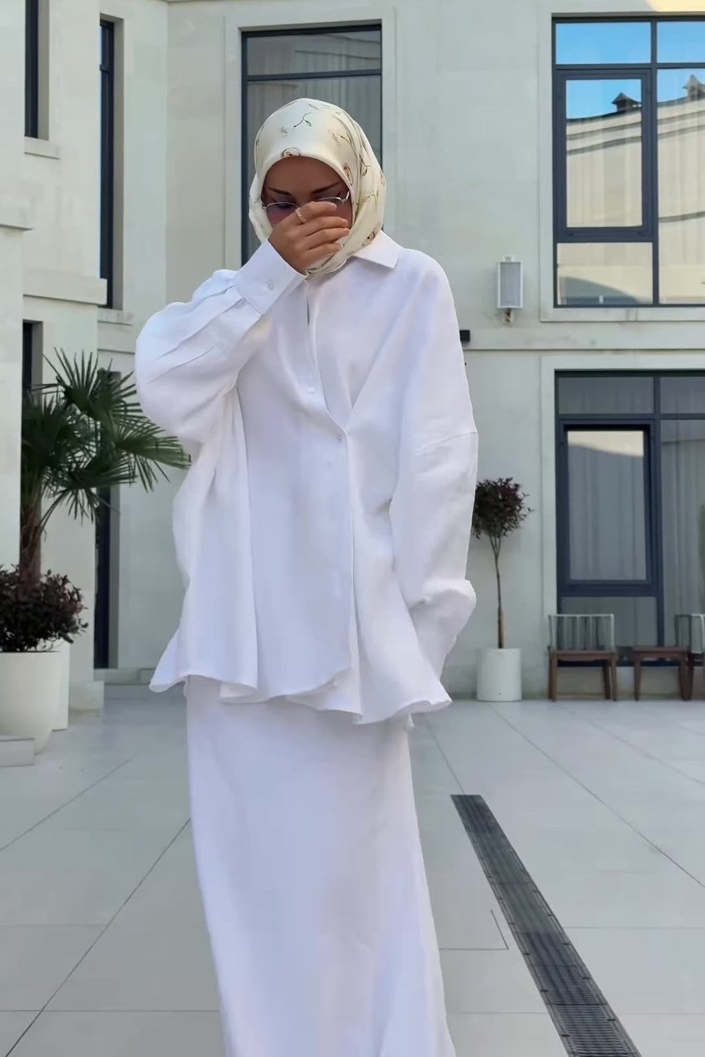 Sahar Oversized Shirt Maxi Skirt Two Piece Set-White